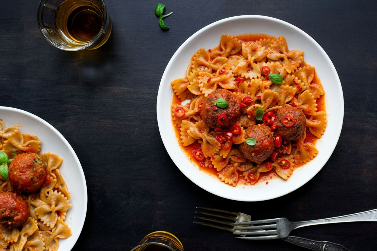 SPICY CHORIZO MEATBALLS PASTA